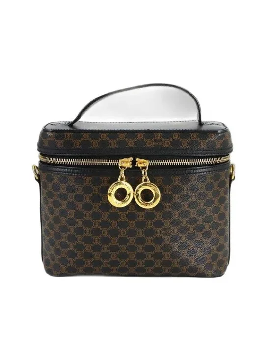 Celine Macadam Vanity Hand Bag Leather Black Brown Vintage Gold - Picture 1 of 10